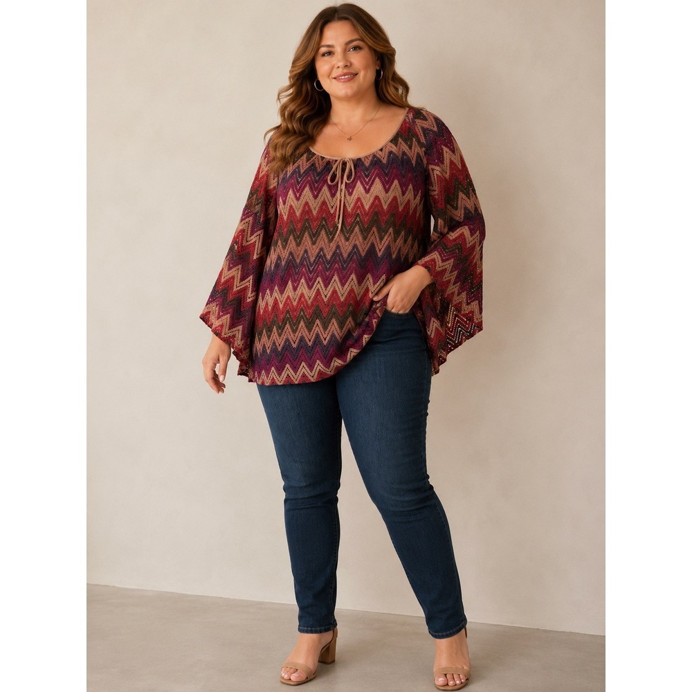 Tacera Plus Size 3X Chevron Crochet Knit Bell Sleeve Overlay Blouse